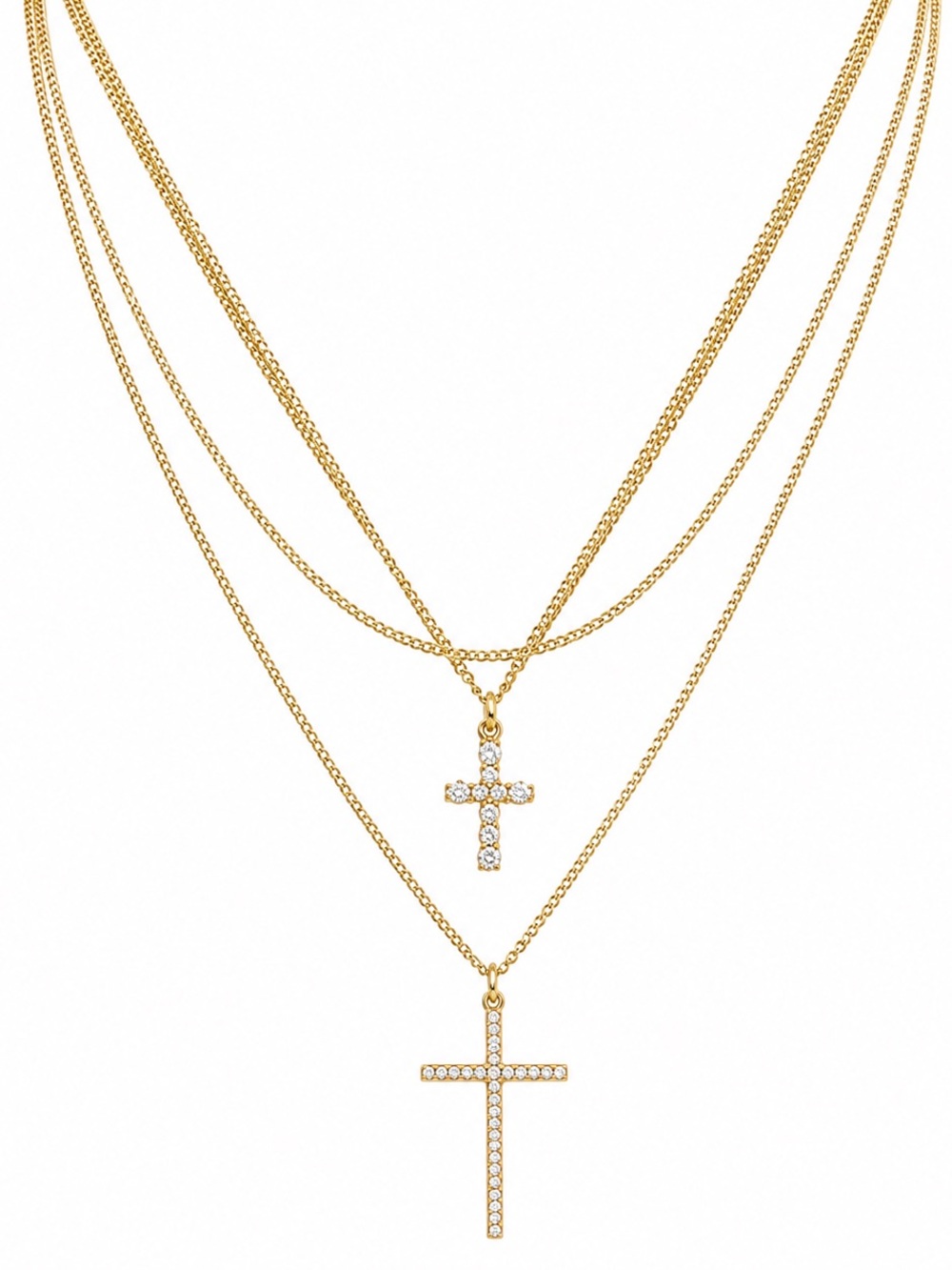 Guess Gold-Tone Layered Cross Necklace with Crystal Accents